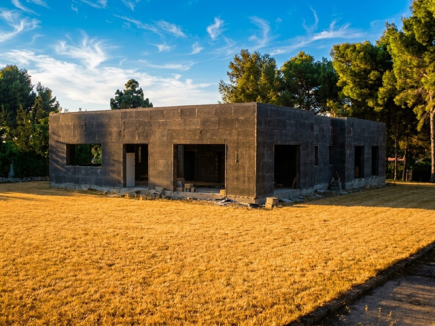 Vivienda de Denia con todos los muros TABIPOR levantados, entre pinos y con la hierba dorada al atardecer